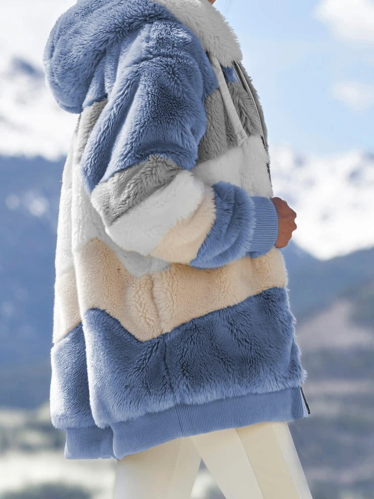 Damen Kapuzenjacke Locker Geschnitten Plüsch Mehrfarbig