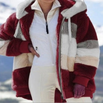 Damen Kapuzenjacke Locker Geschnitten Plüsch Mehrfarbig