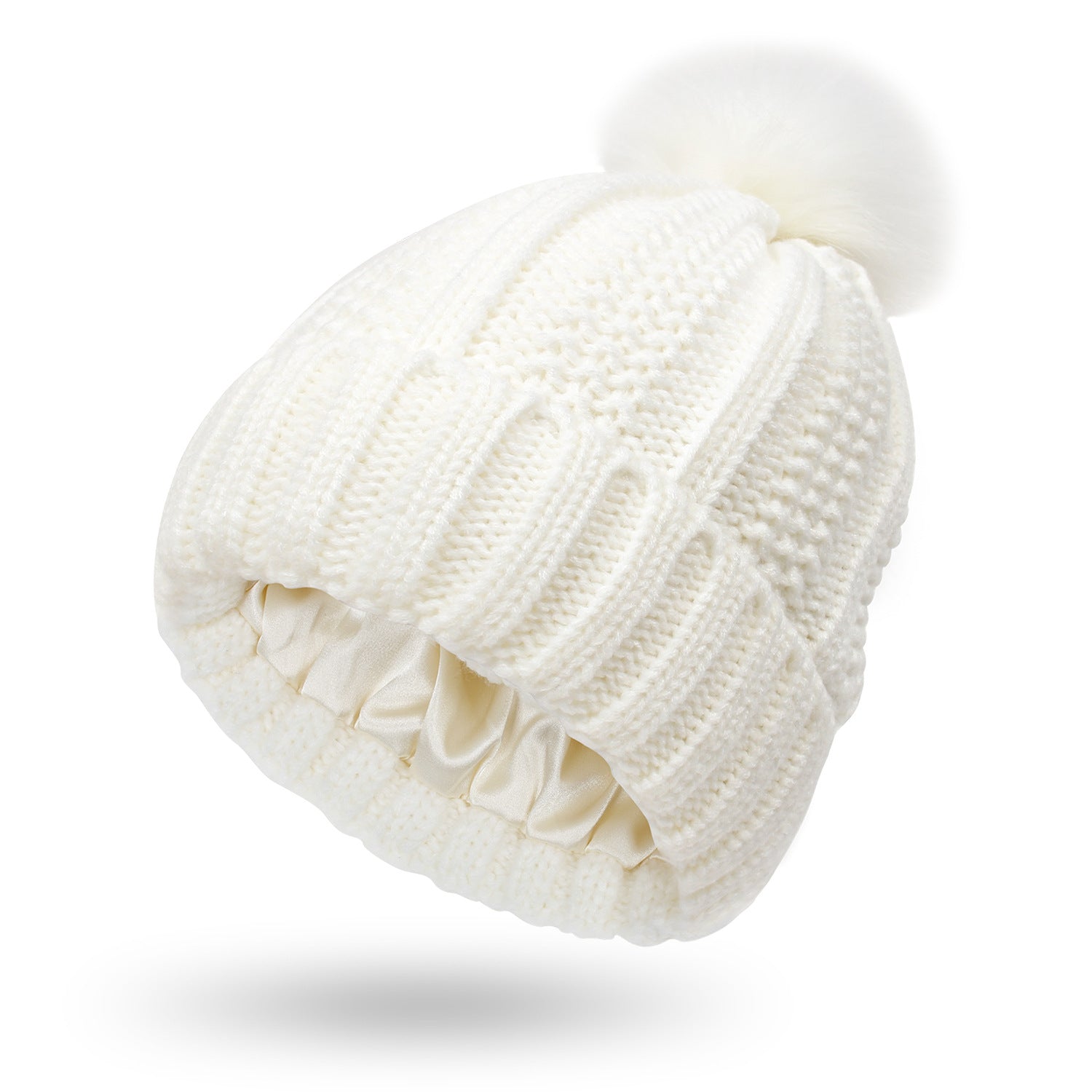 Winter Strickmütze mit Kunstfell Bommel - Warme Beanie für Damen