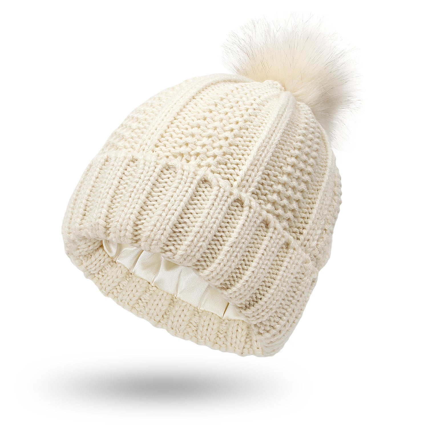 Winter Strickmütze mit Kunstfell Bommel - Warme Beanie für Damen