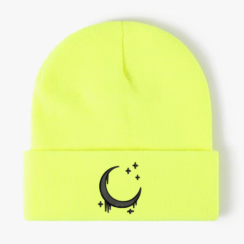 Bestickte Strickmütze mit Mond und Sternen - Herbst Winter Wollmütze