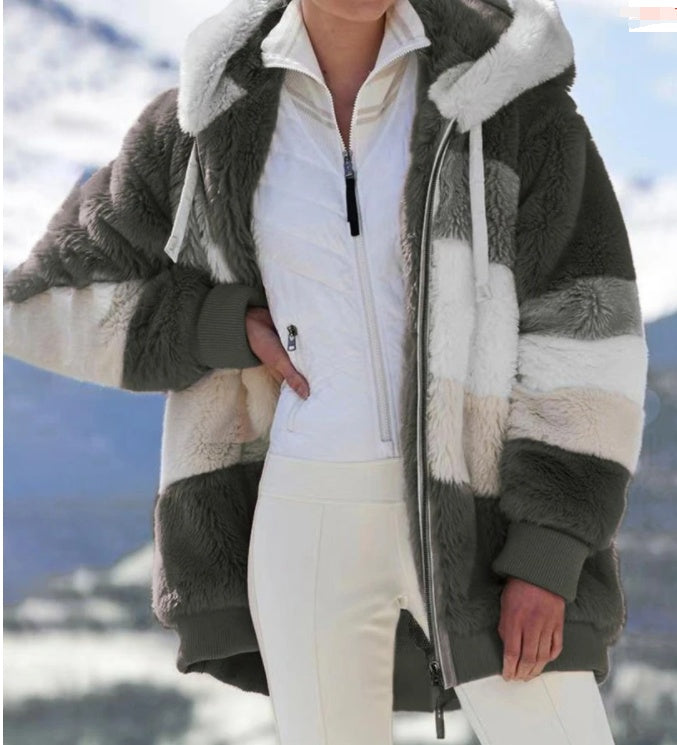 Damen Kapuzenjacke Locker Geschnitten Plüsch Mehrfarbig