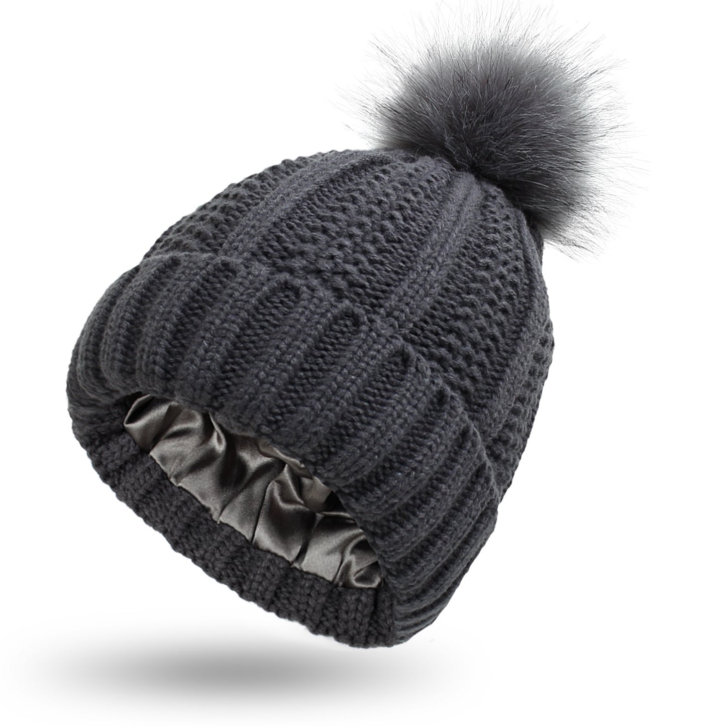 Winter Strickmütze mit Kunstfell Bommel - Warme Beanie für Damen