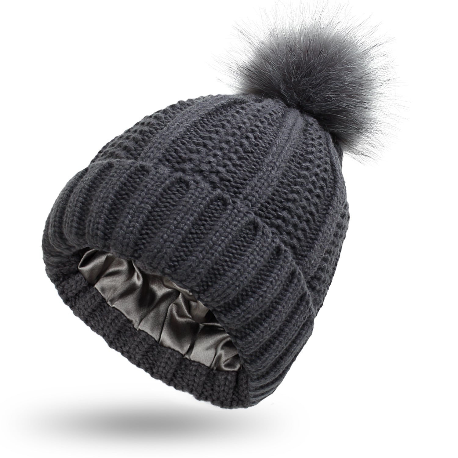 Winter Strickmütze mit Kunstfell Bommel - Warme Beanie für Damen
