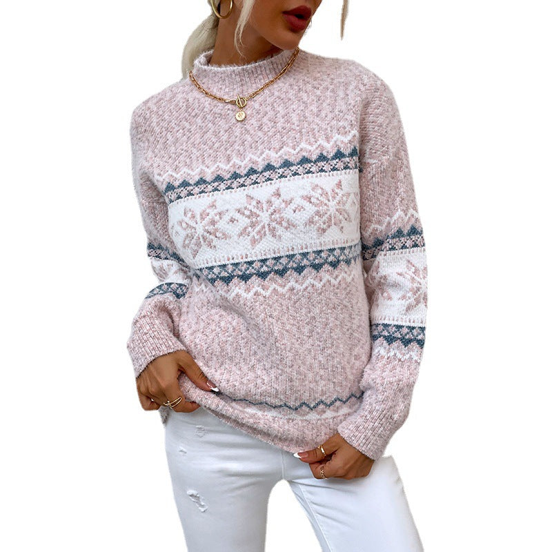 Winter Schneeflocken Pullover Damen - Halbrollkragen Strickpullover Weihnachten