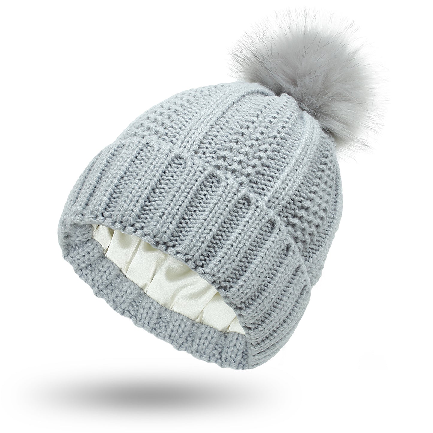 Winter Strickmütze mit Kunstfell Bommel - Warme Beanie für Damen