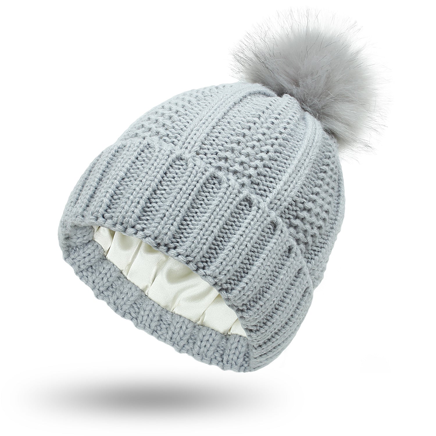 Winter Strickmütze mit Kunstfell Bommel - Warme Beanie für Damen