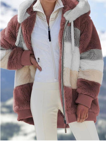 Damen Kapuzenjacke Locker Geschnitten Plüsch Mehrfarbig