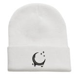 Bestickte Strickmütze mit Mond und Sternen - Herbst Winter Wollmütze