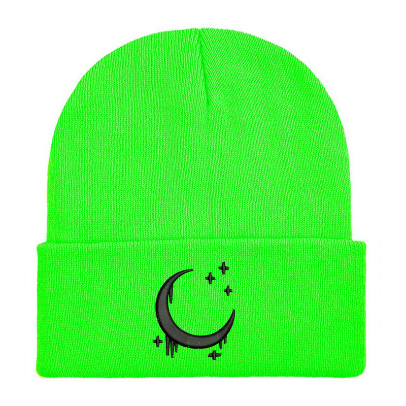 Bestickte Strickmütze mit Mond und Sternen - Herbst Winter Wollmütze