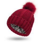 Winter Strickmütze mit Kunstfell Bommel - Warme Beanie für Damen