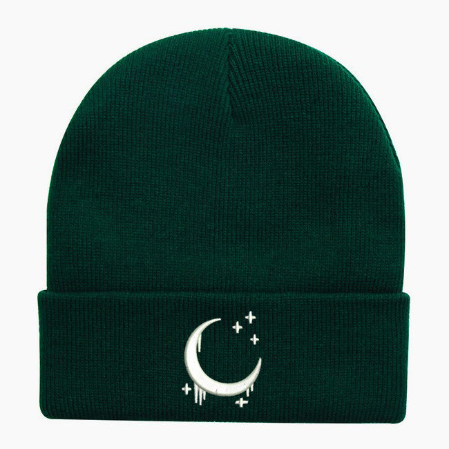 Bestickte Strickmütze mit Mond und Sternen - Herbst Winter Wollmütze