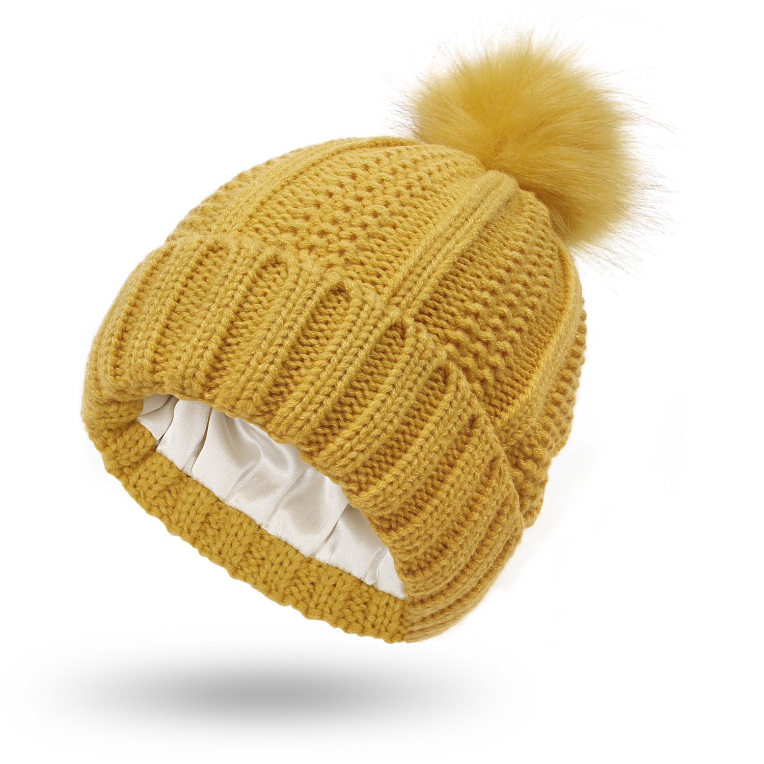 Winter Strickmütze mit Kunstfell Bommel - Warme Beanie für Damen