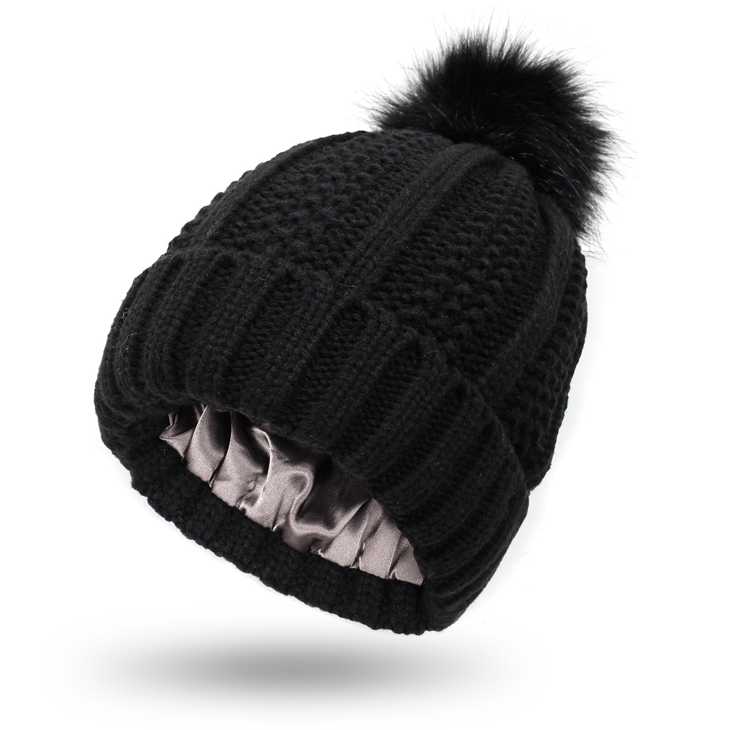 Winter Strickmütze mit Kunstfell Bommel - Warme Beanie für Damen