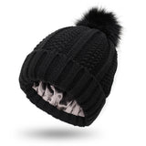 Winter Strickmütze mit Kunstfell Bommel - Warme Beanie für Damen