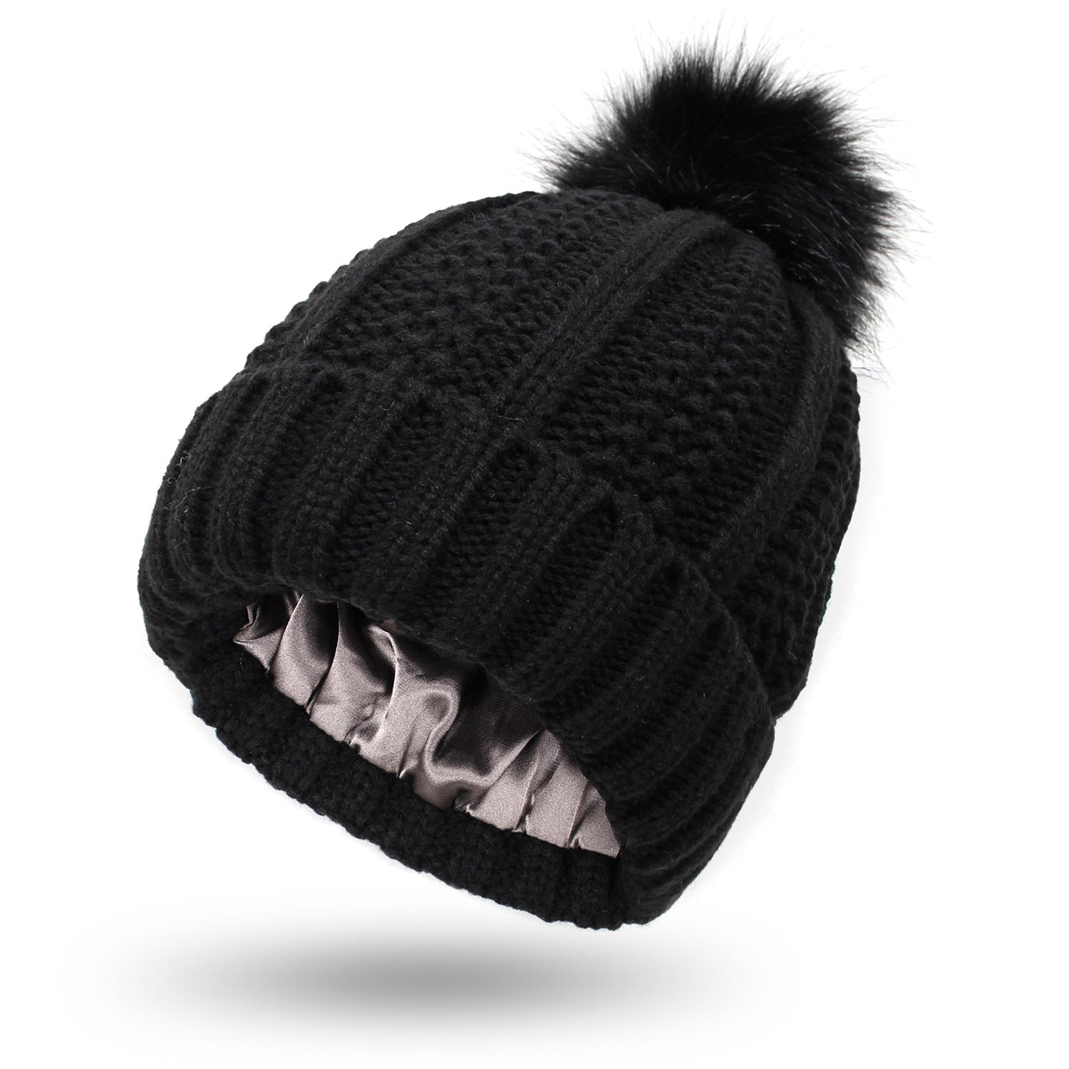 Winter Strickmütze mit Kunstfell Bommel - Warme Beanie für Damen