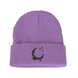 Bestickte Strickmütze mit Mond und Sternen - Herbst Winter Wollmütze